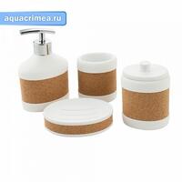 Набор в ванную настольный акриловый с вставками из натуральной пробки, белый